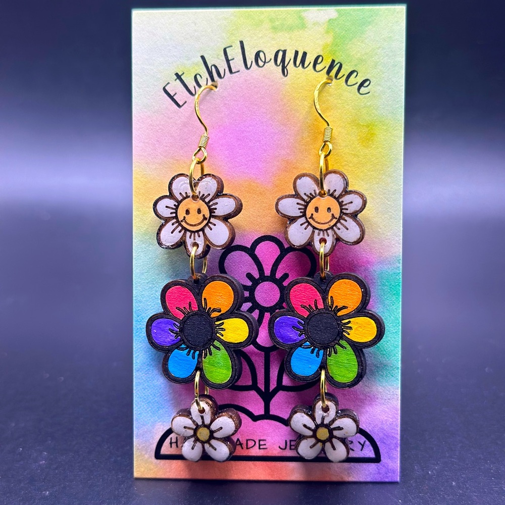 Handmade wooden colorful rainbow flower dangle earrings